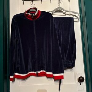 Vintage Navy Velour Tracksuit with Red and White Trim Colorway**